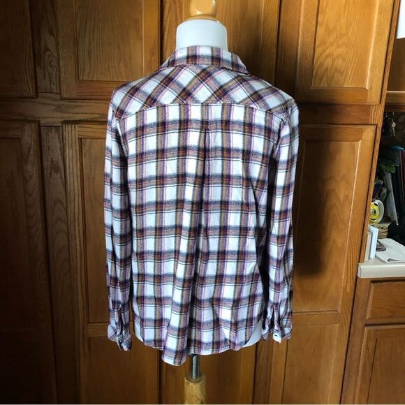 Anthropologie Cloth & Stone Blue Plaid Button Metallic Flannel Top - L - Picture 8 of 11